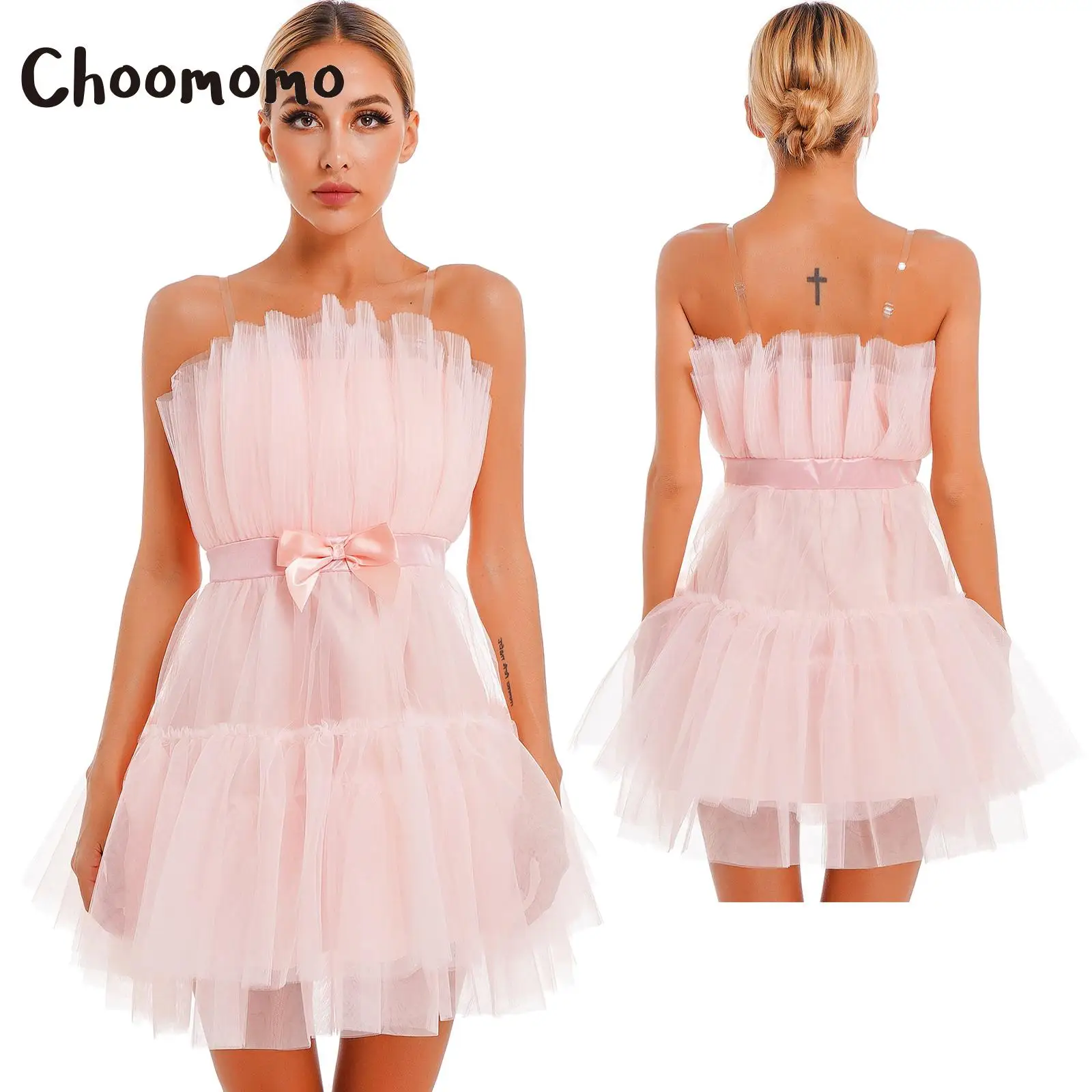Choomomo Bayan Saf Straplez Prenses Kısa Elbiseler Çok Katmanlı Örgü Yüksek Bel Hattı Parti Elbise İlmek ile Doğum Günü için . ' - ' . 0