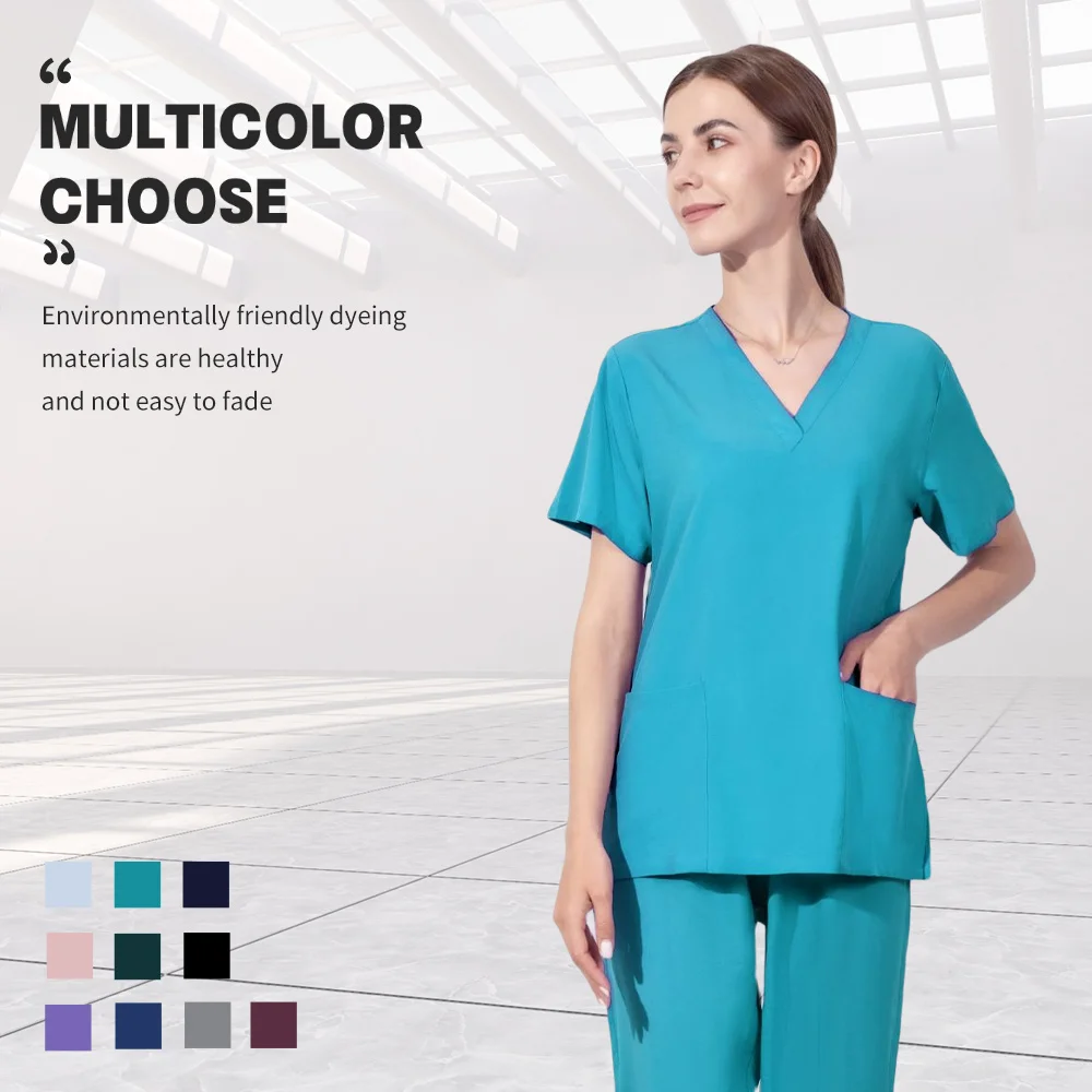 Hastane Doktor Hemşirelik Üniforma V Yaka Düz Renk Cerrahi İş Giysisi Unisex ovma takım elbise Scrubs Seti Kadınlar için Joggers Tops + pantolon . ' - ' . 1