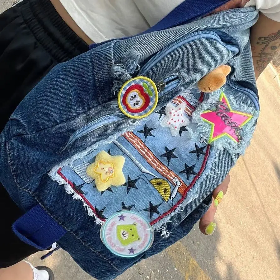 Sanrio Helllo Kitty Y2k Yıldız Sırt Çantaları Kore Trend Denim omuz çantaları Kız Karikatür Lüks Okul Çantası Kadın Vintage moda çantalar . ' - ' . 2