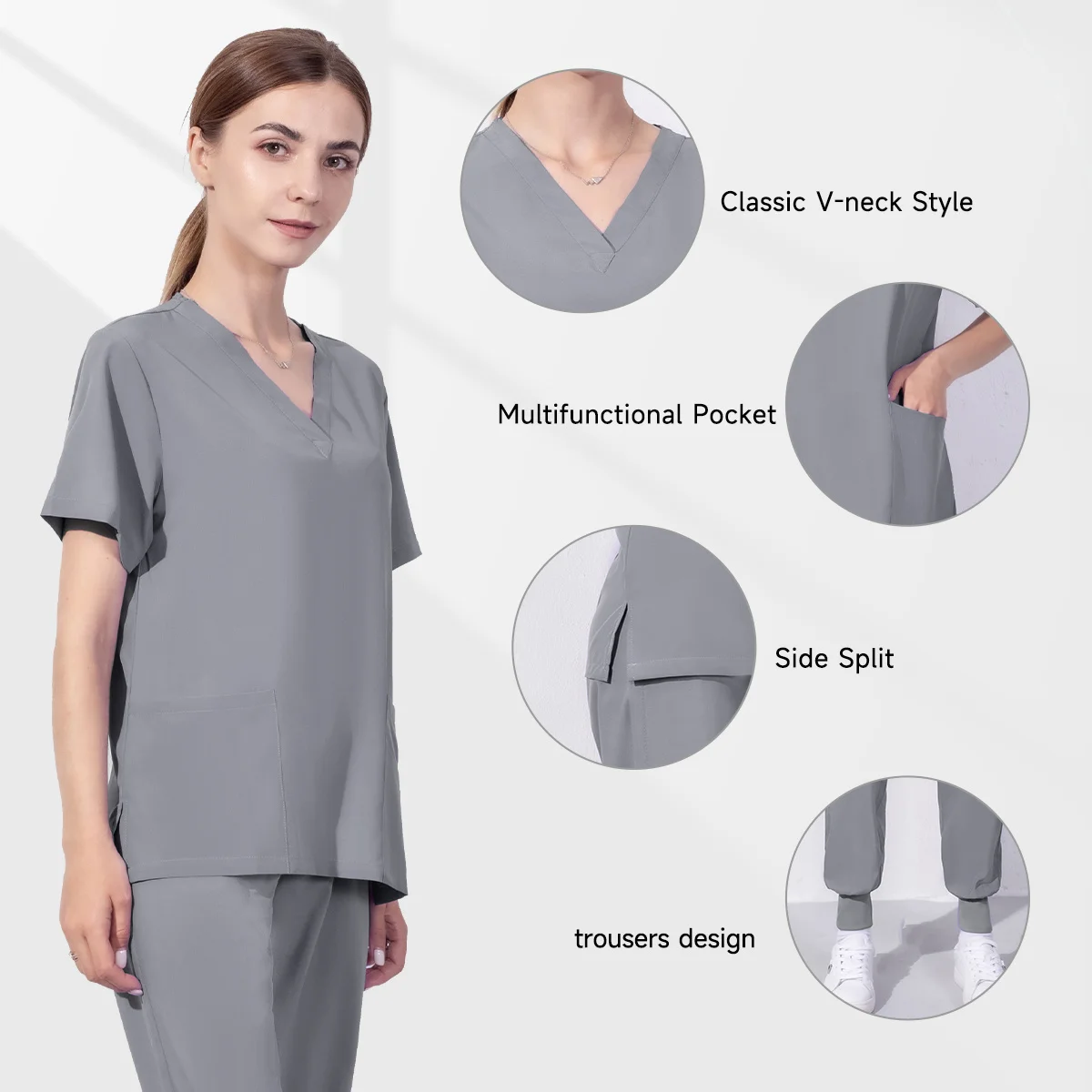 Hastane Doktor Hemşirelik Üniforma V Yaka Düz Renk Cerrahi İş Giysisi Unisex ovma takım elbise Scrubs Seti Kadınlar için Joggers Tops + pantolon . ' - ' . 3
