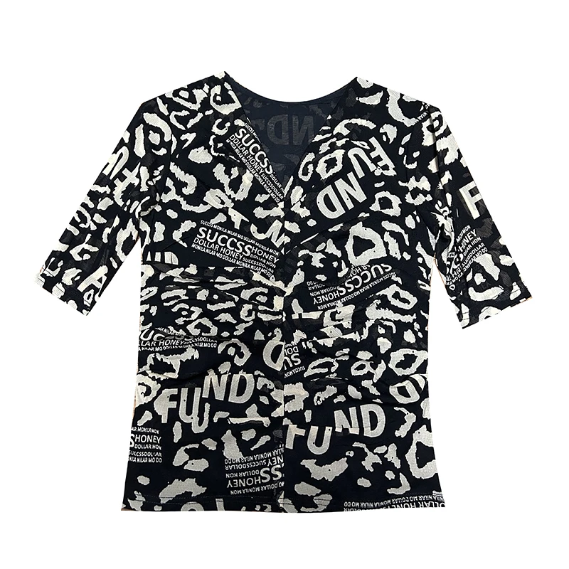 MadBlack Yaz Avrupa Giyim V Yaka T-Shirt Kadın Seksi Dantelli Sondaj Çiçek Baskı Örgü Üstleri Yarım Kollu Tees Yeni T34781M . ' - ' . 4