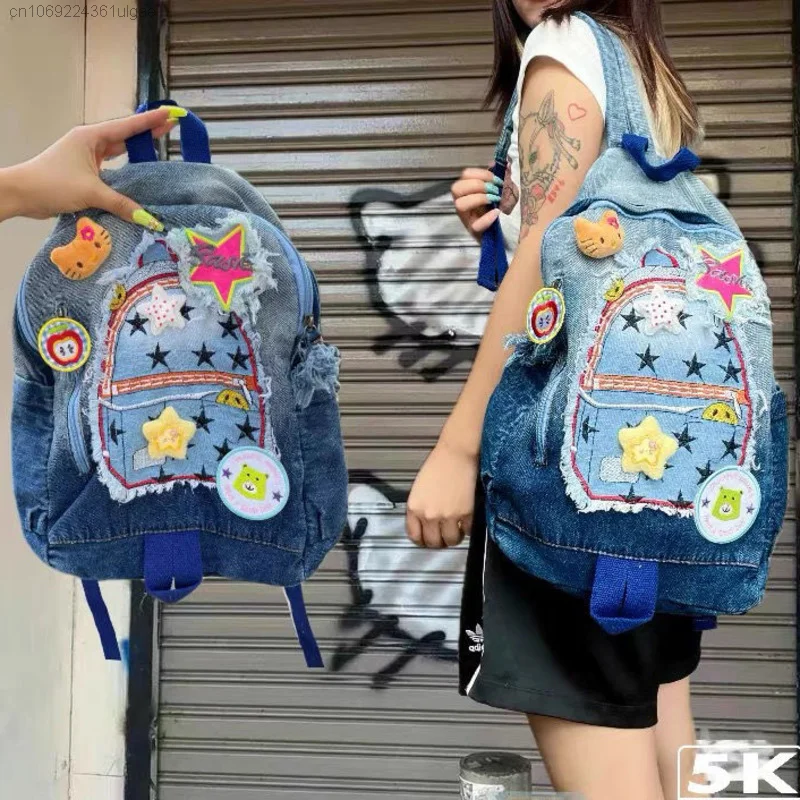 Sanrio Helllo Kitty Y2k Yıldız Sırt Çantaları Kore Trend Denim omuz çantaları Kız Karikatür Lüks Okul Çantası Kadın Vintage moda çantalar . ' - ' . 5
