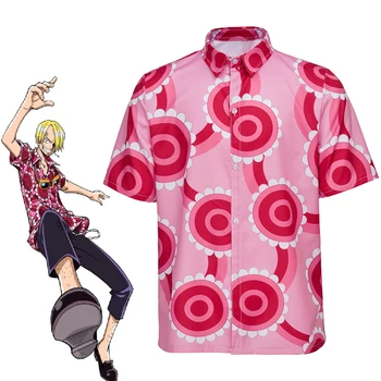 Anime Sanji Cosplay Gömlek Erkekler için Gül Kırmızı Çiçek baskılı tişört Hawaii Tatil Plaj Partisi Üst Karnaval Comic Con Streetwear