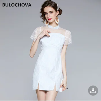 BULOCHOVA Yeni Yaz Tasarımcı Patchwork Örgü Nakış Ince Midi Elbise Yüksek Kalite Kadınlar Standı Boyun Casual Bodycon Vestidos