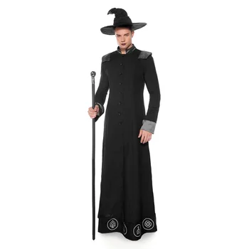 Cadılar bayramı Erkekler Cadı kostüm siyah klasik sihirbaz, sihirbaz, Siyah Uzun şeytan parti Cosplay Peygamber sahne kıyafeti