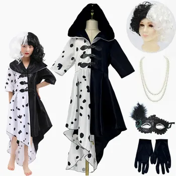 Cruella De Vil Cosplay Kostüm Kuila Yarım Siyah Yarım Yüz Küçük Kısa Kıvırcık Çünkü Peruk Kız ve Kadın Cadılar Bayramı Prenses Elbise