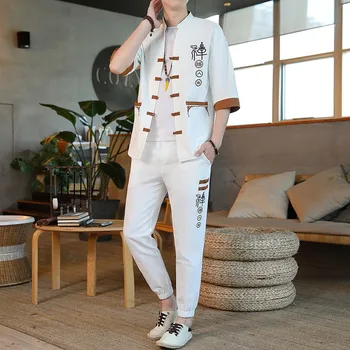Erkek Pamuk ve Keten Rahat Gömlek Yaz Çin Tarzı Disk Toka Retro Beş noktalı Kollu Hanfu Standı Yaka Tang Takım Elbise Ceket