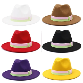 Fedora Yeni Sonbahar Kış Şapka Büyük Kenarlı Şapkalar Unisex Şerit Moda İngiliz Tarzı Yün Caz Üst Keçe Kapaklar Кепка мушская