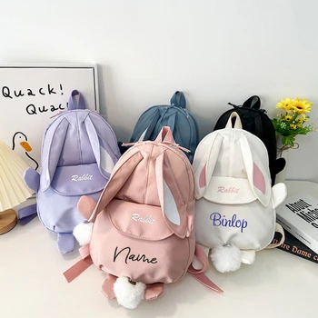 Işlemeli Adı Tavşan Kulak Schoolbag Kişiselleştirilmiş Öğrenci Sırt Çantası Düz Renk Tavşan Kulak Çantası Kızlar için Özel Doğum Günü Hediyeleri