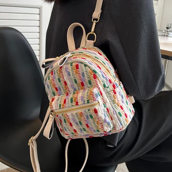 Kadın Mini Sırt Çantaları Çok Renkli Patchwork Örme omuzdan askili çanta Rahat Taşınabilir Büyük Kapasiteli Giden Sırt Çantası