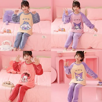 Kawaii Mınıso kışlık pijama Setleri Çocuk Pazen Sıcak Pijama Anime Kuromi Benim Melody Cinnamoroll Erkek Kız Gecelik Çocuklar Hediye