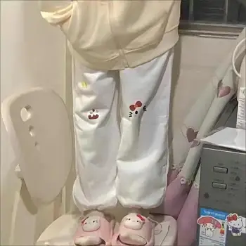 Kawaii Sanrio Karikatür Hello Kitty Sevimli Baskı Çok Yönlü Rahat Geniş Bacak Pantolon Gevşek spor pantolon Kız Kalp Hediye