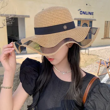 Kore Tarzı Yaz Kadın M Standart Şerit Koruma Seyahat Tatil Plaj Saman Büyük Ağız Güneş Şapka Yeni