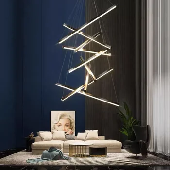 Merdiven avize ışıkları basit Modern dubleks yüksek katlı boş oturma odası salonu yaratıcı kişilik uzun şerit Led hat lambaları