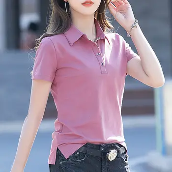 Moda Yaka Düğmesi Düz Renk Tüm Maç polo gömlekler Kadın Giyim 2023 Yaz Yeni Casual Kazaklar Gevşek Kore Tee Gömlek