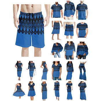 Polinezya Tonga Hawaii Fiji Guam Samoa Pohnpei Tribal Dövme Baskılar Elbise Kadın Elbise Eşleşen Erkek Gömlek Mavi Severler Giysi