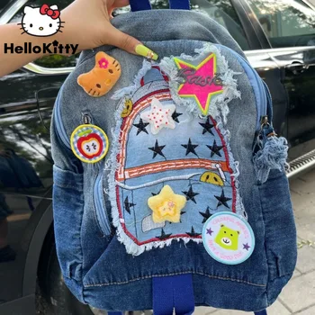 Sanrio Helllo Kitty Y2k Yıldız Sırt Çantaları Kore Trend Denim omuz çantaları Kız Karikatür Lüks Okul Çantası Kadın Vintage moda çantalar