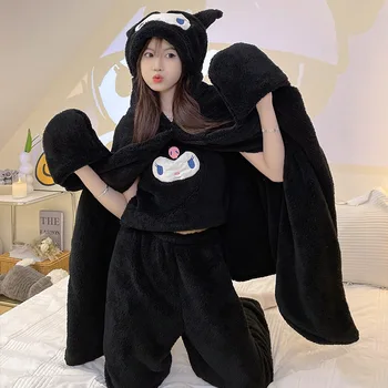 Sanrio Peluş Kapşonlu Kuromi Pelerin Kış Kadın Sıcak Pijama Üç Parçalı Set Karikatür Sevimli ve Tatlı Öğrenci Ev Giyim Seti