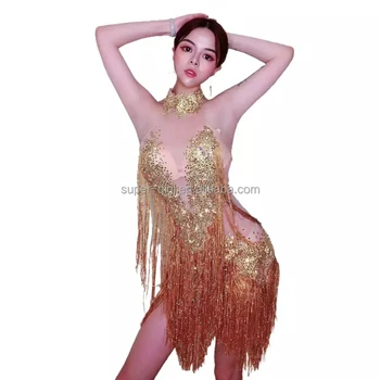Seksi Kulübü kadın sahne gösterisi Elbise Latin Dans Altın See Through Mesh Rhinestone Püskül Kısa Parti balo kıyafetleri