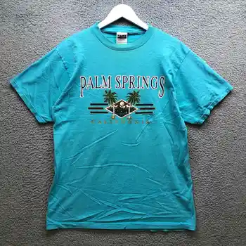 Vintage 90'lı Palm Spring California T-Shirt erkek büyük kısa kollu hatıra mavi