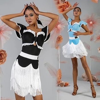 Yeni Latin dans kostümü Kadın Yaz Siyah Mavi Latin Üstleri Saçak Etek Performans Elbise Rumba Salsa Dans Elbise DNV17499