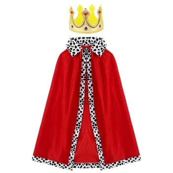 Yetişkinler Çocuklar Kral Kraliçe Kostüm Robe Kırmızı Kraliyet Pelerin Pelerin Cadılar Bayramı Cosplay Sahne parti giysileri Başlık